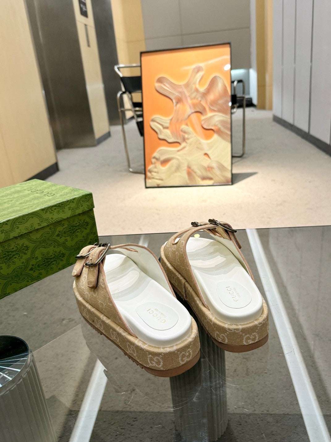 BEIGE MONOGRAM DOUBLE-STRAP SANDALS