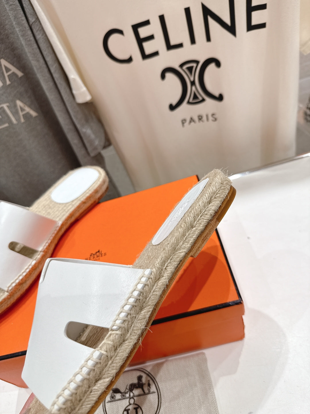 WHITE ESPADRILLE STYLE SLIDE SANDALS