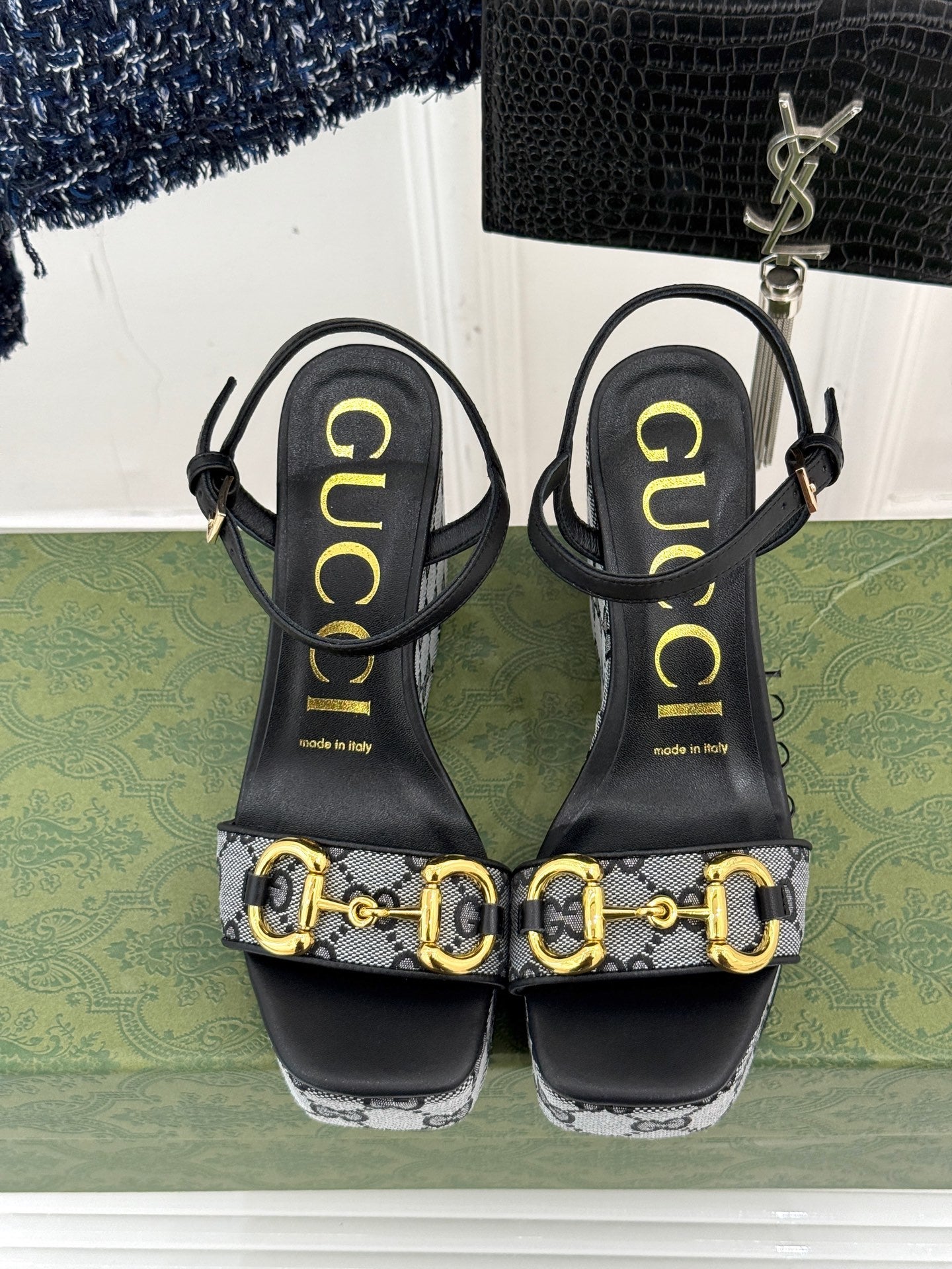 BLACK MONOGRAM PLATFORM WEDGE SANDALS