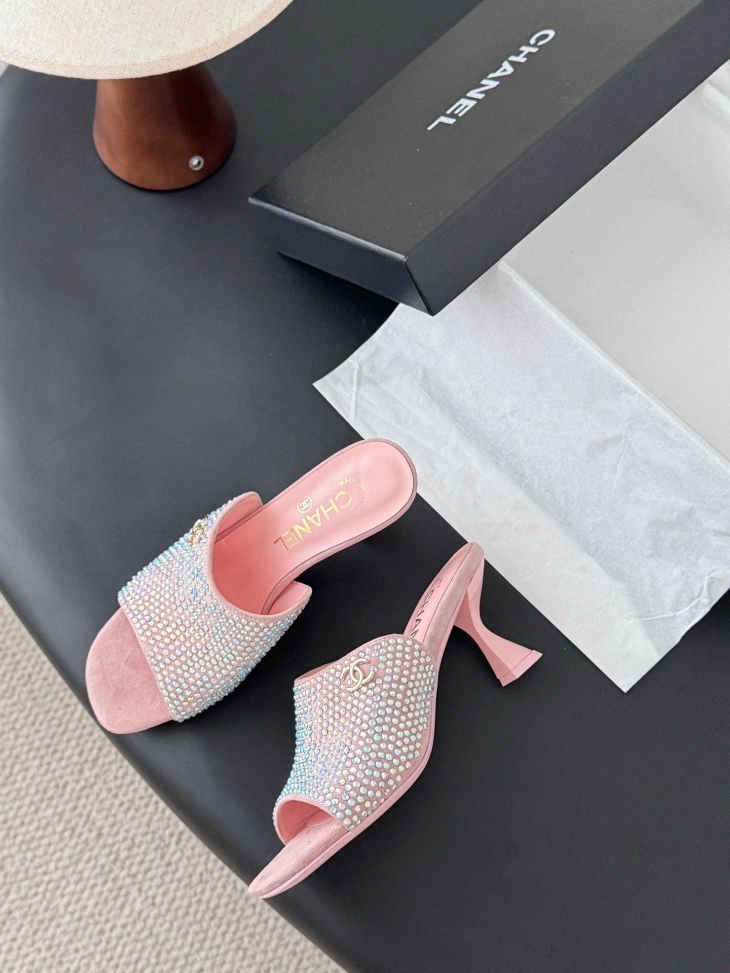PINK RHINESTONE HEEL MULES