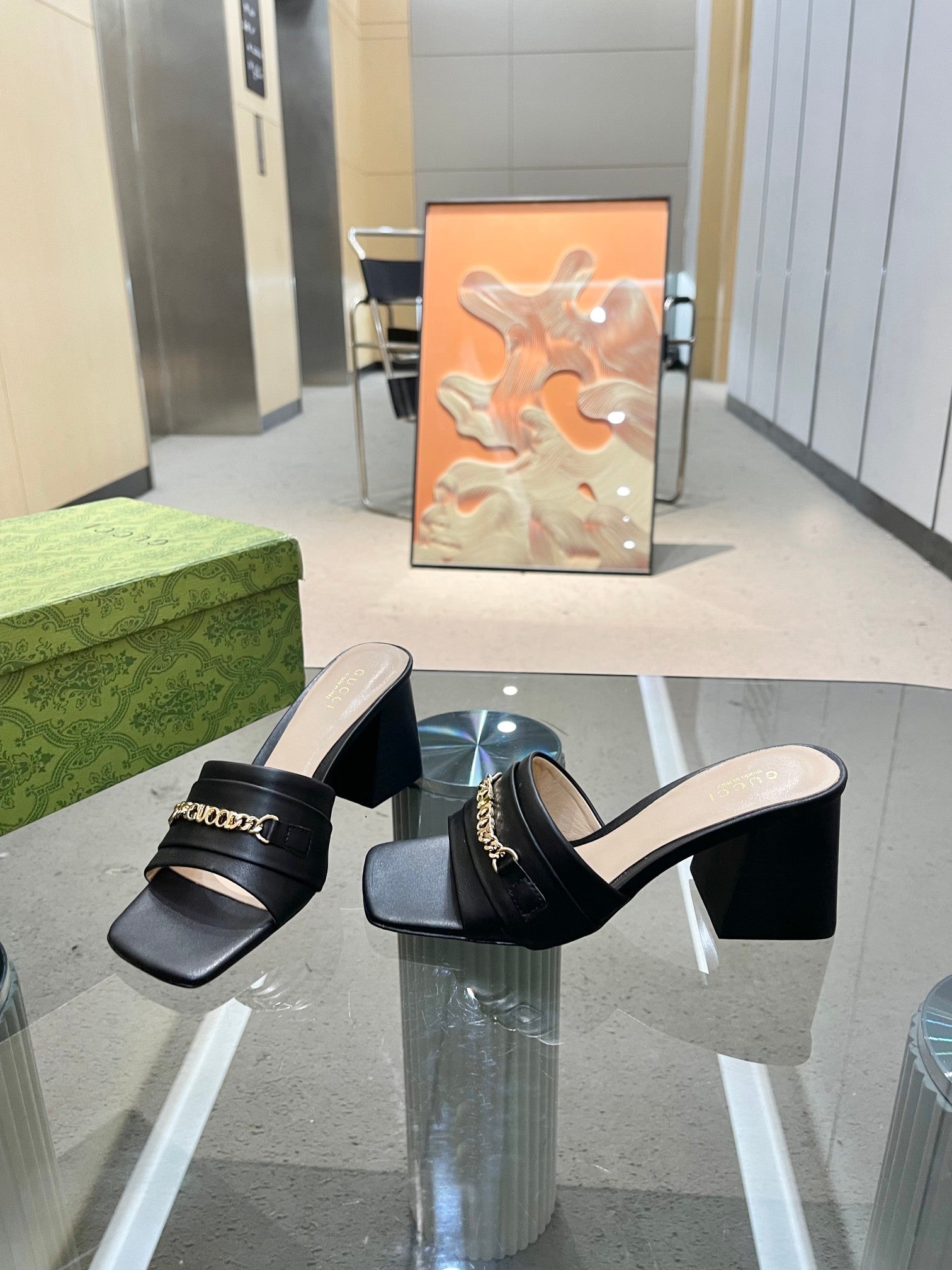 BLACK GOLD CHAIN BLOCK HEEL MULES