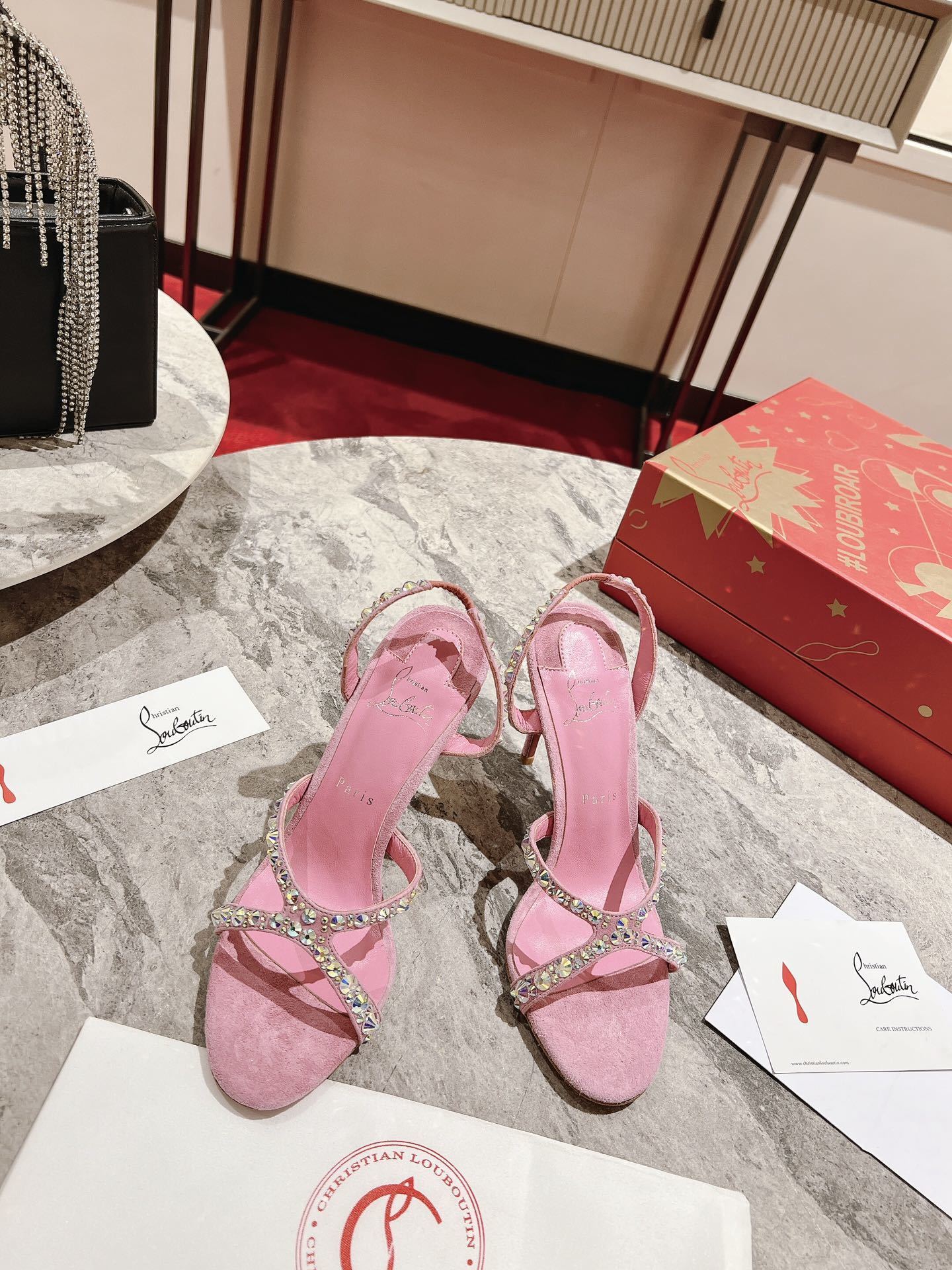 PINK SUEDE RHINESTONE-STRAP SANDAL HEELS