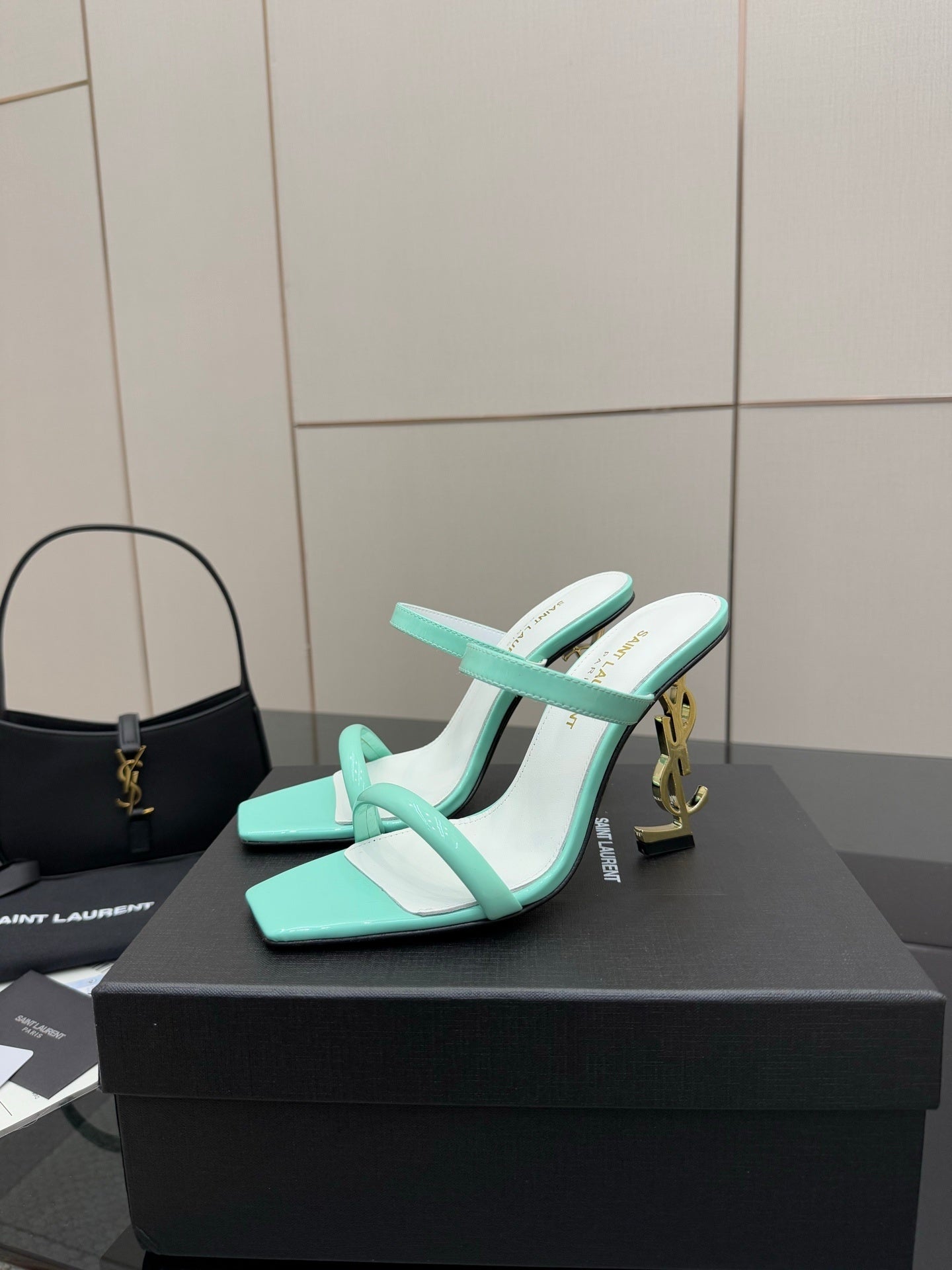 MINT GREEN STRAPPY HEELS WITH GOLD LOGO HEEL