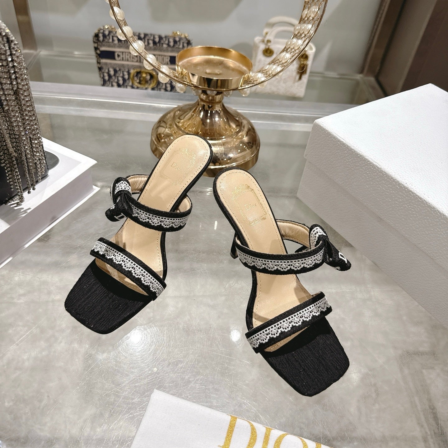 BLACK LACE TRIM BOW STRAP HEEL SANDALS