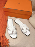 WHITE STUDDED LEATHER SLIDE SANDALS