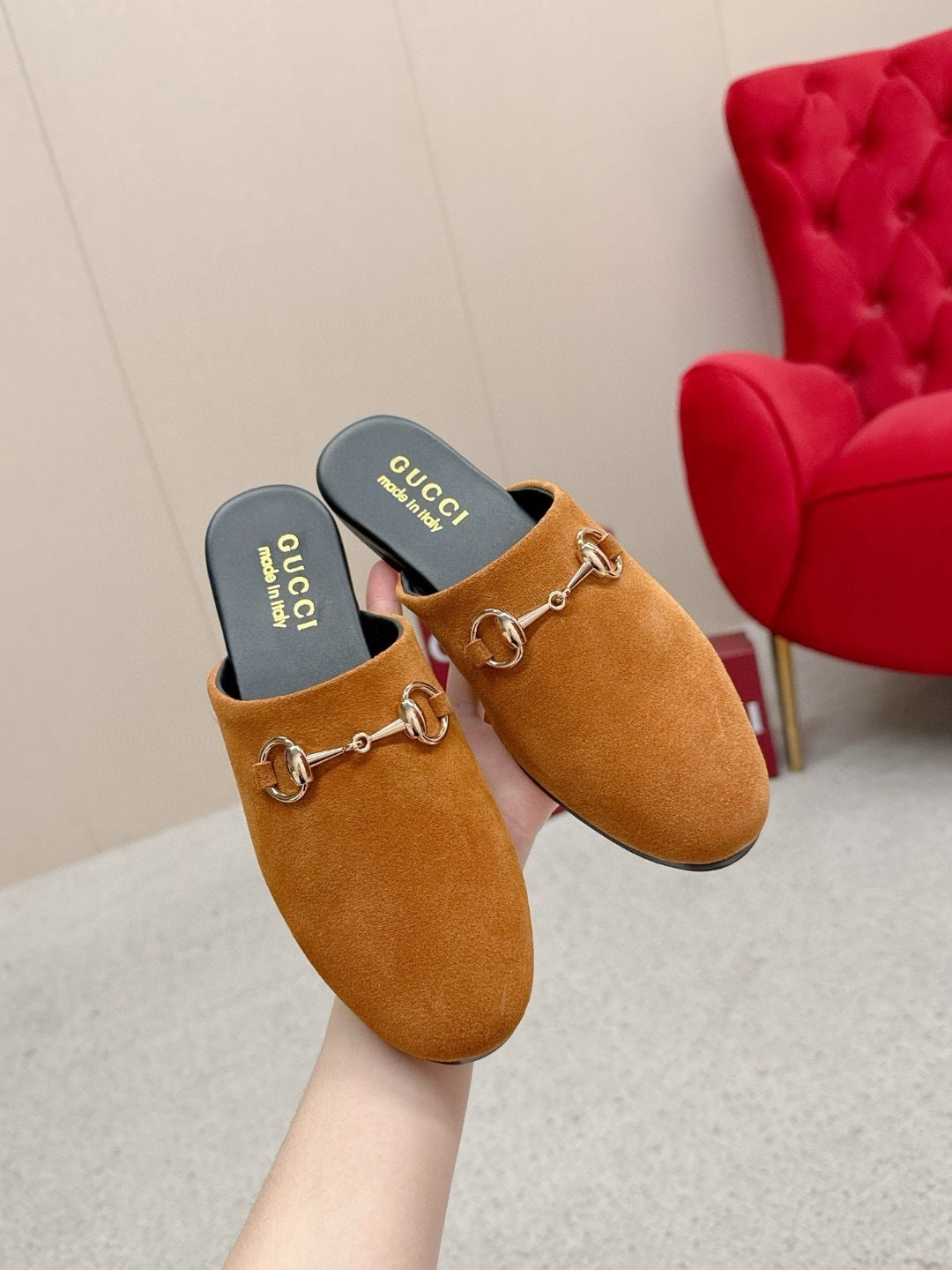 SUEDE SLIP-ON MULES WITH GOLD HORSEBIT DETAIL