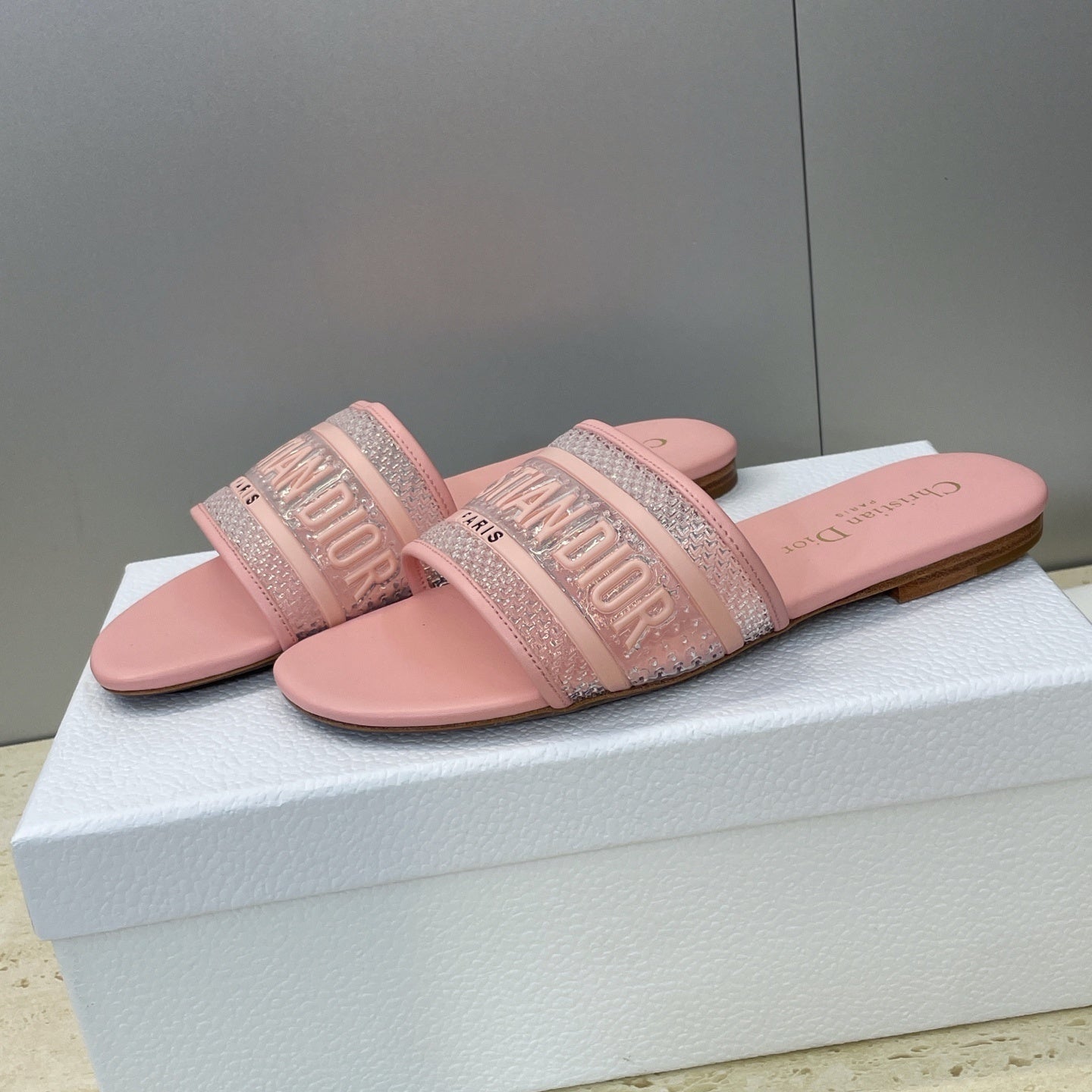 PINK LOGO EMBOSSED SLIDE SANDALS