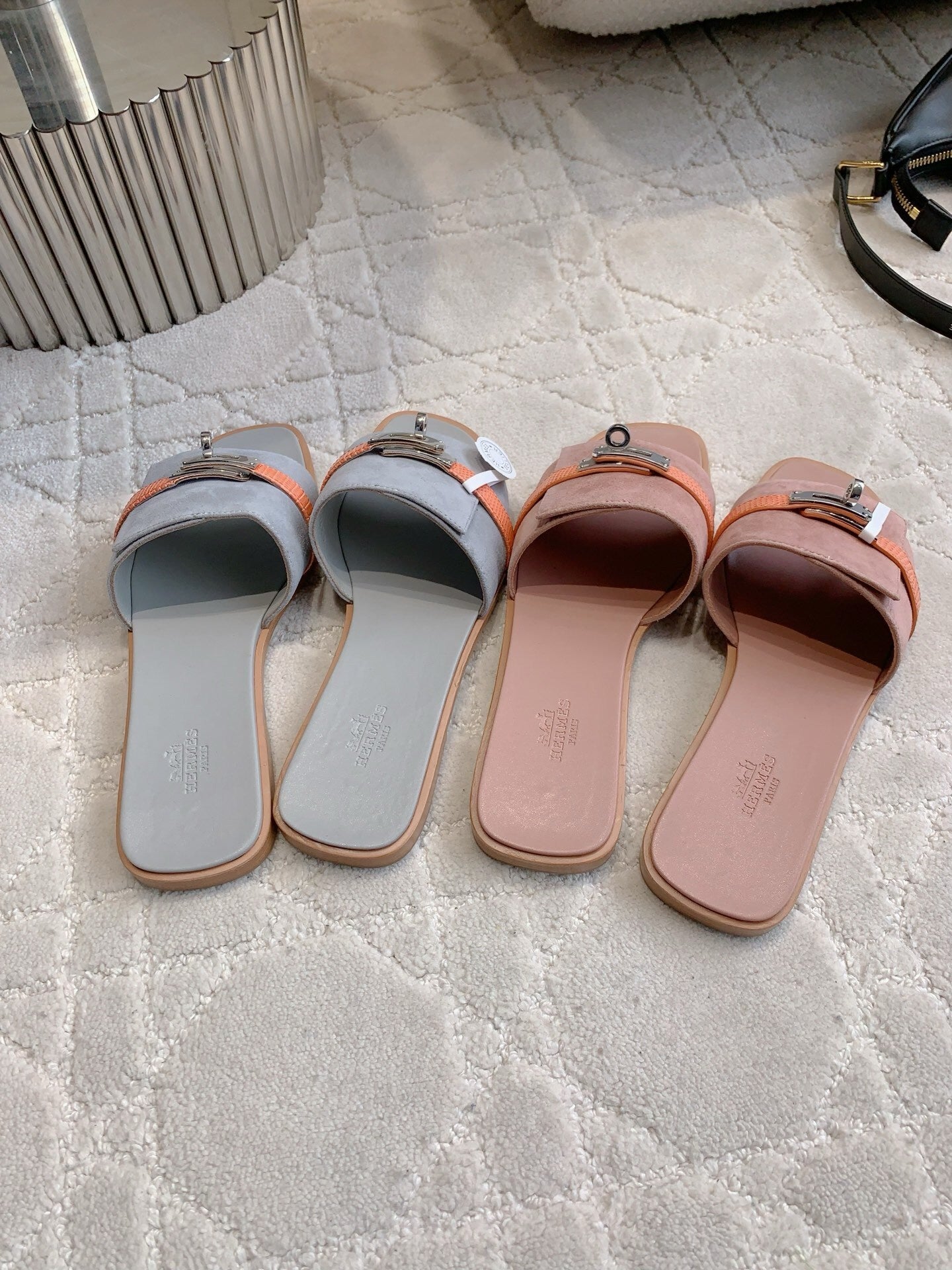 SUEDE STYLE FLAT SLIDES WITH CONTRAST STRAP DETAIL