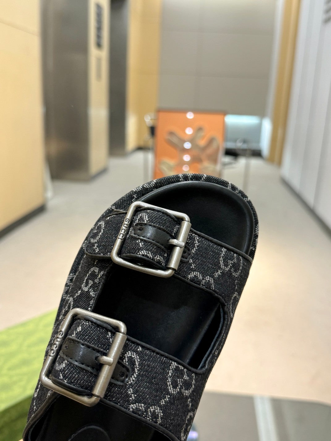 BLACK MONOGRAM DOUBLE-STRAP PLATFORM SANDALS