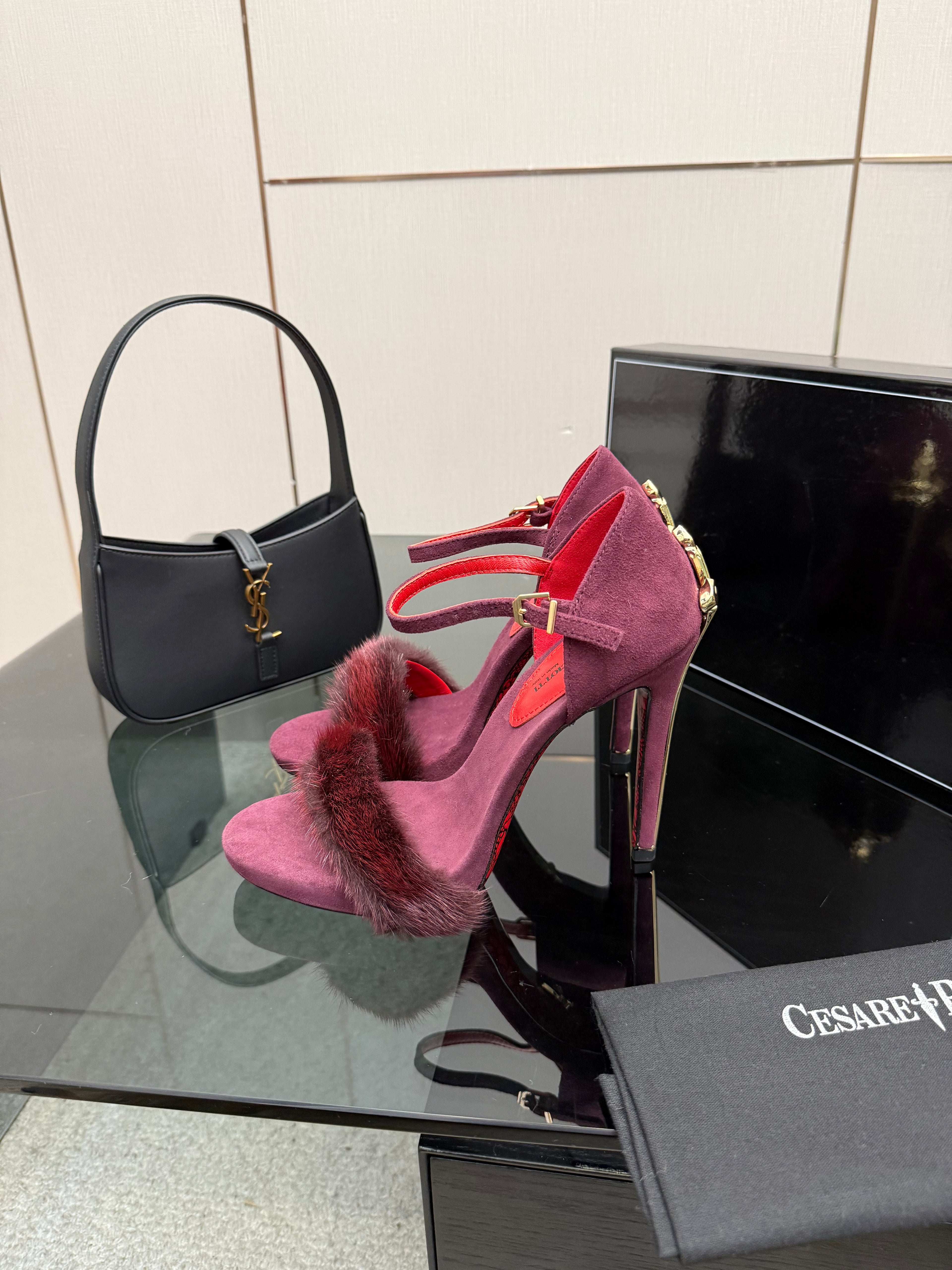 SUEDE FUR-TRIM STILETTO SANDALS – PLUM WINE EDITION