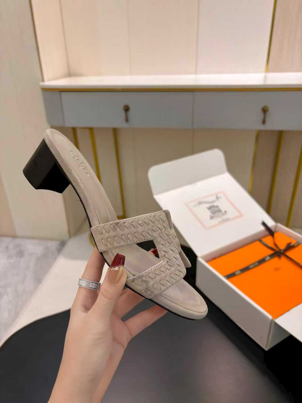 TAUPE SUEDE HEELED SLIDE SANDALS