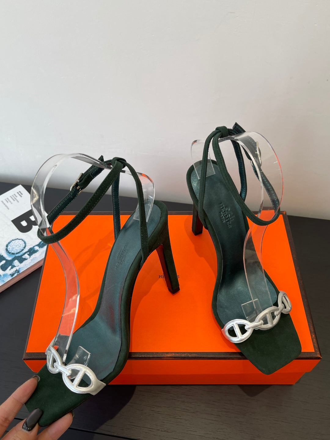 FOREST GREEN SUEDE ANKLE STRAP HIGH HEEL SANDALS