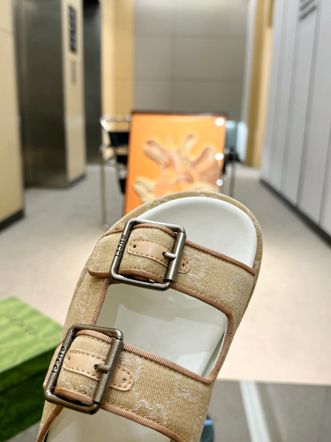 BEIGE MONOGRAM DOUBLE-STRAP SANDALS