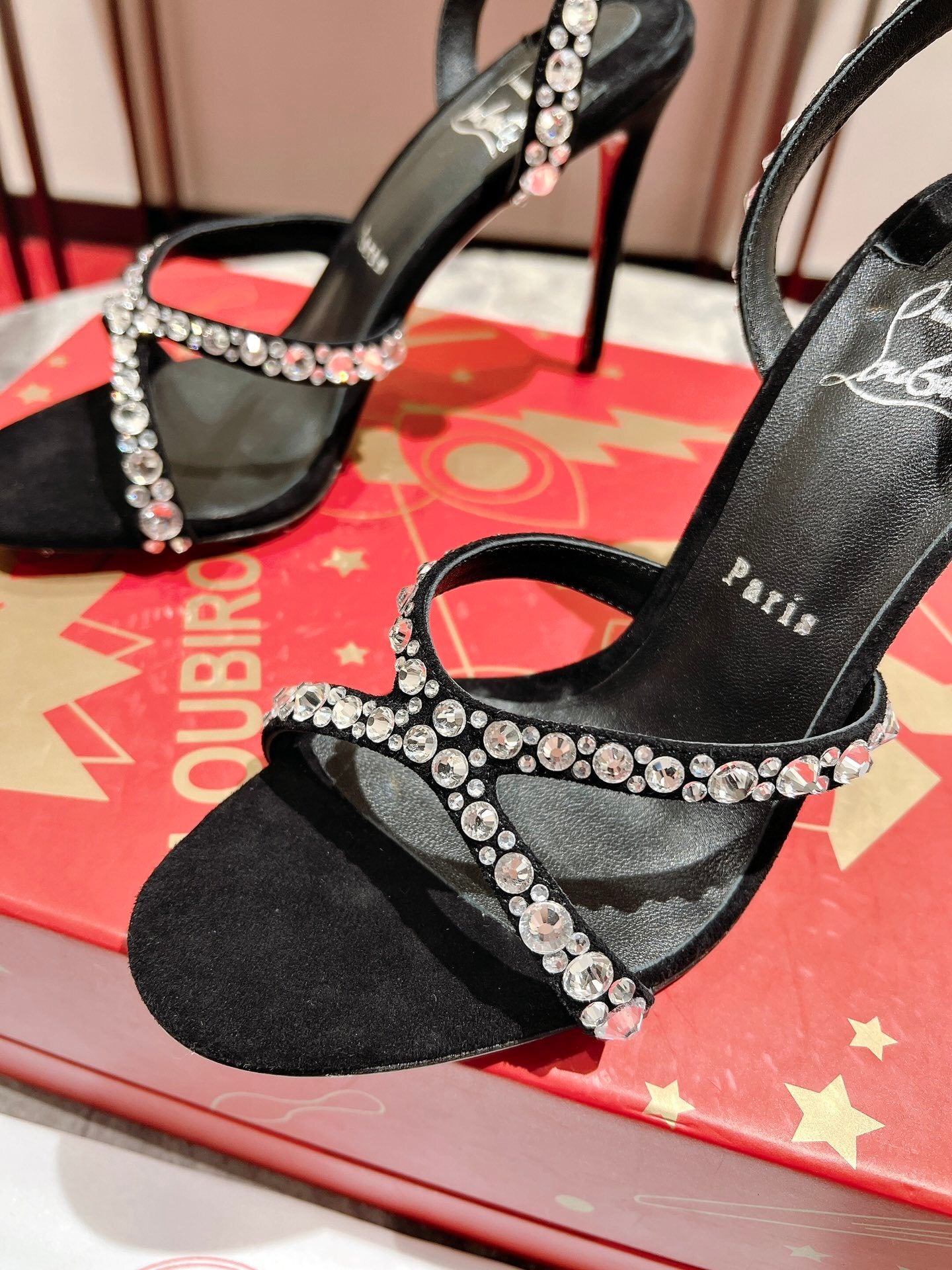 BLACK CRYSTAL-STRAP SANDAL HEELS