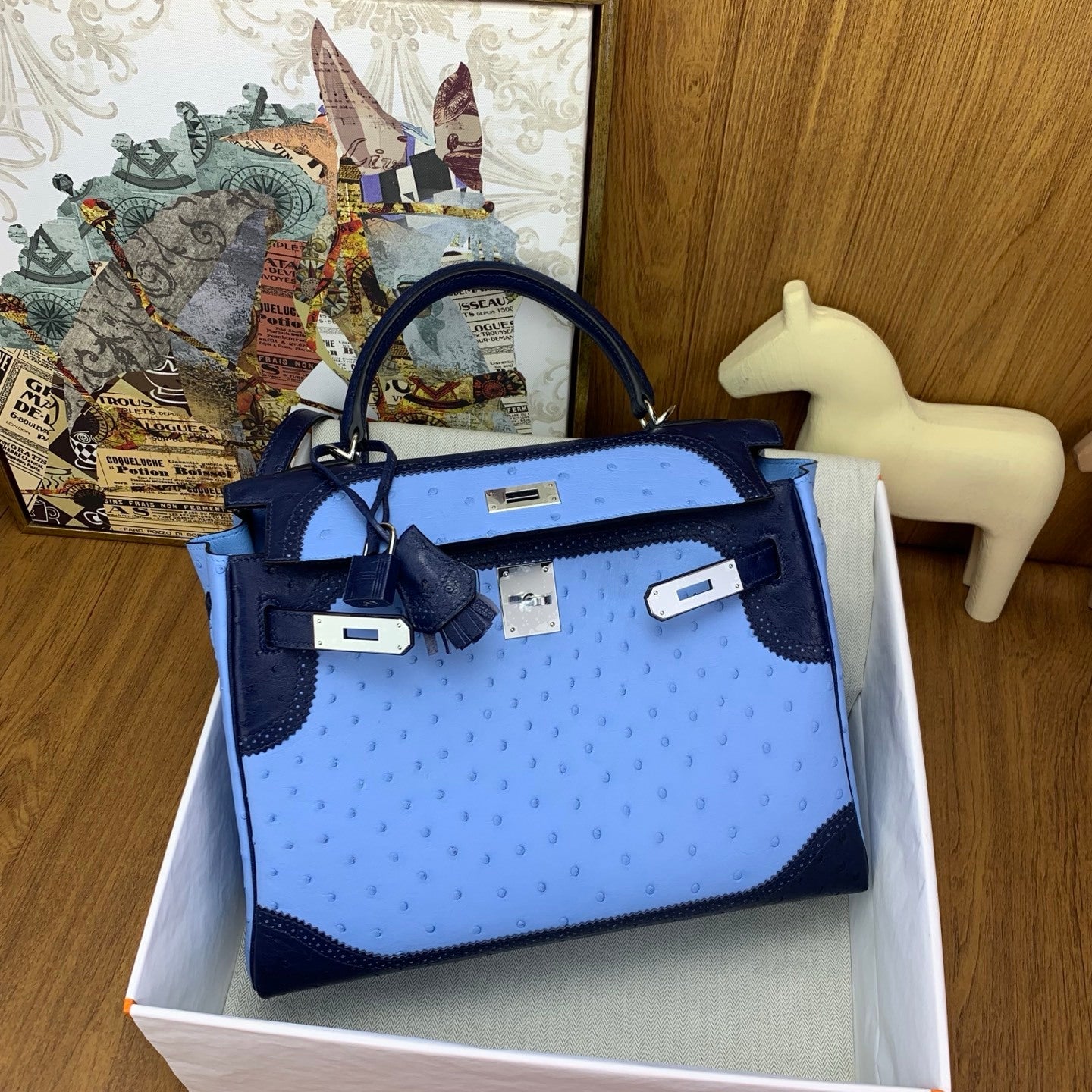 LUXURY BLUE OSTRICH LEATHER TOP HANDLE SHOULDER BAG