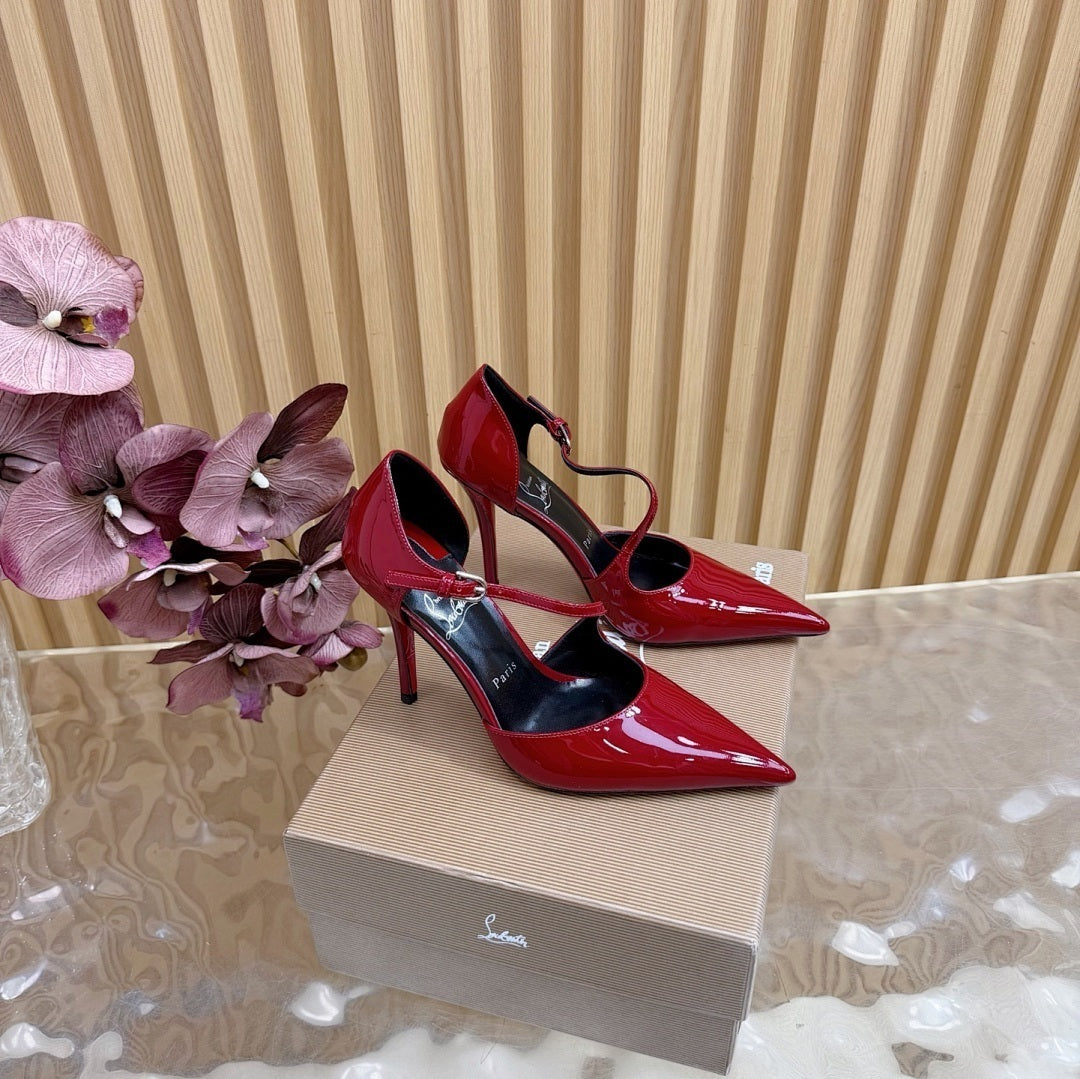 RED PATENT STRAP POINTED HEELS