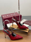 RED PATENT POINTED TOE SLINGBACK HEELS WITH METALLIC HEEL
