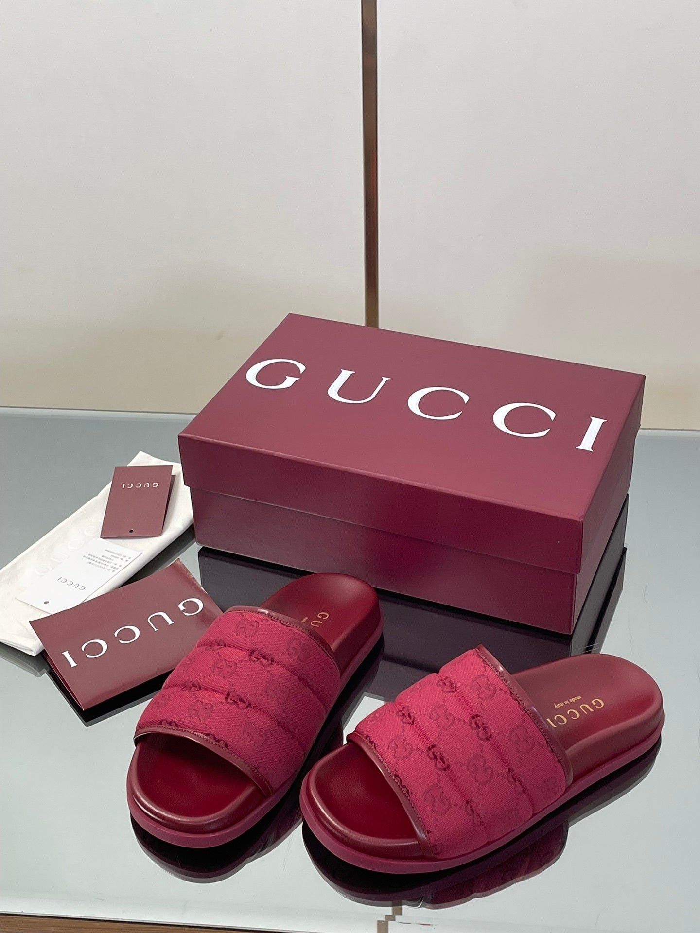 RED PADDED SLIDE SANDALS