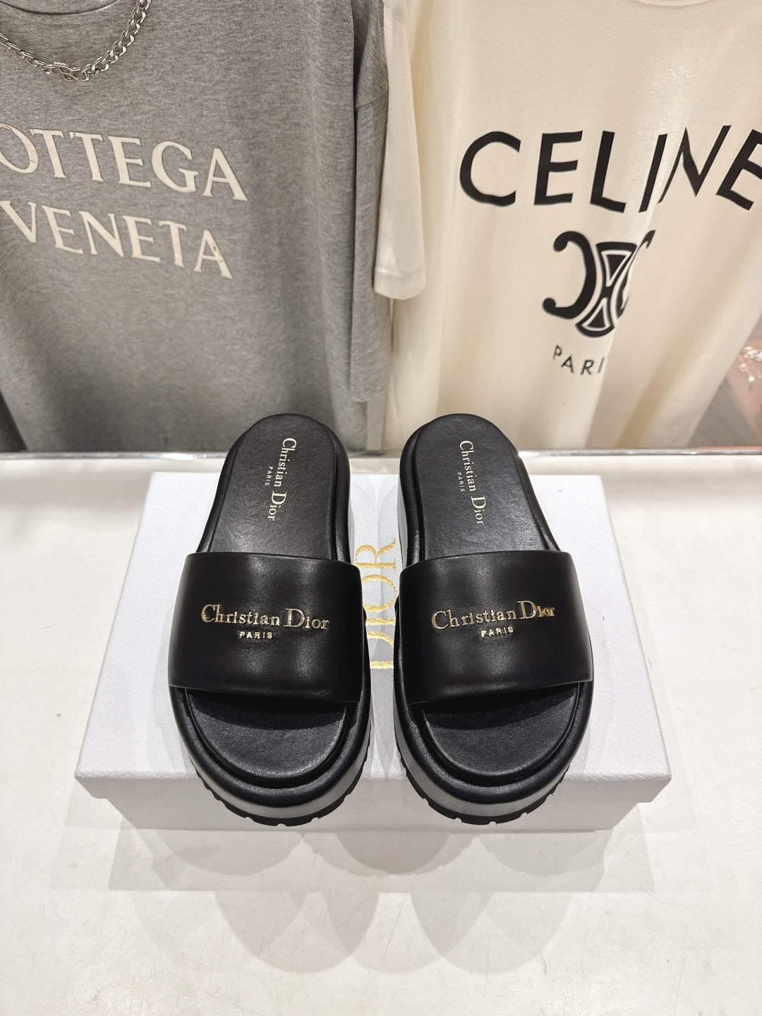 BLACK PLATFORM LOGO SLIDE SANDALS