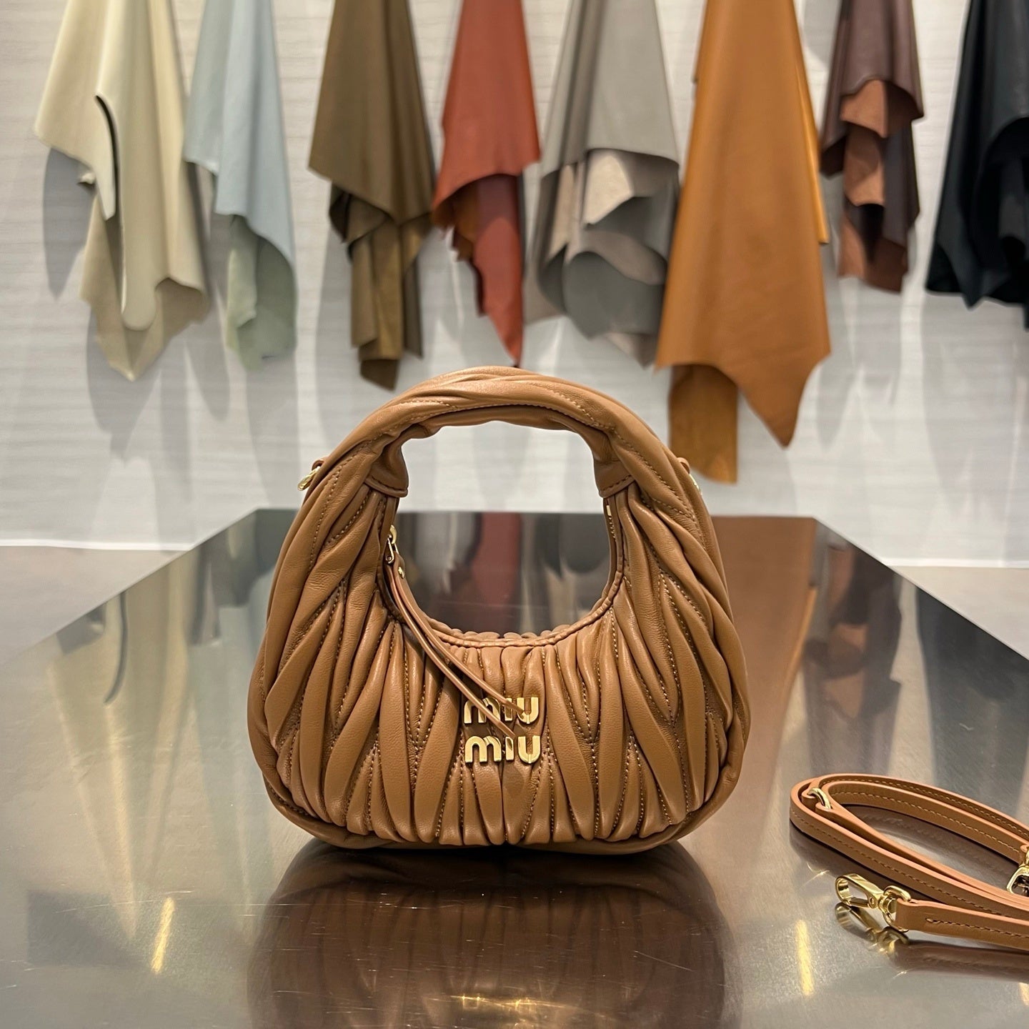 CAMEL MATELASSÉ MINI HOBO SHOULDER BAG