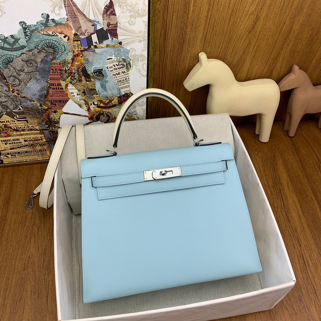 LUXURY BABY BLUE LEATHER TOP HANDLE HANDBAG