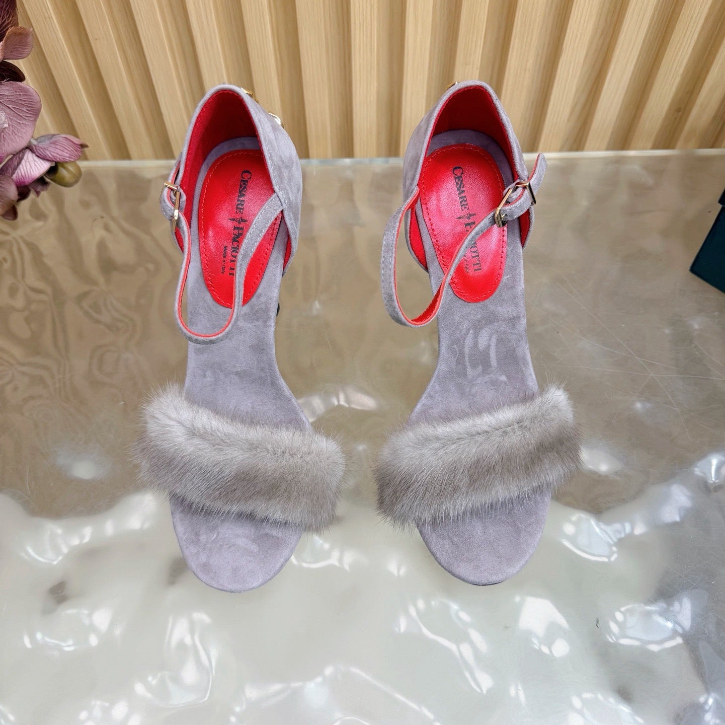 LUXE FUR STILETTO HEELS – GREY & RED EDITION