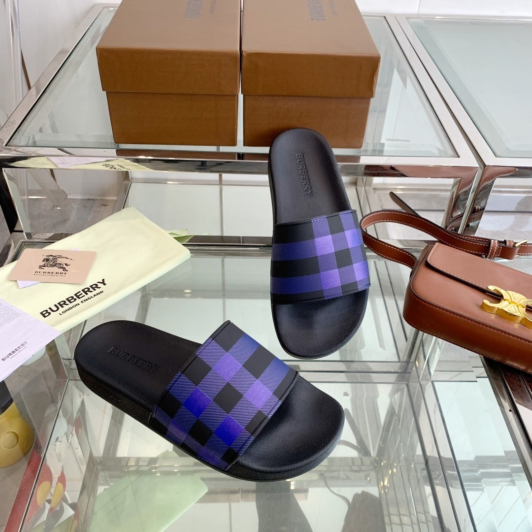 BLACK & PURPLE CHECK PRINT SLIDE SANDALS