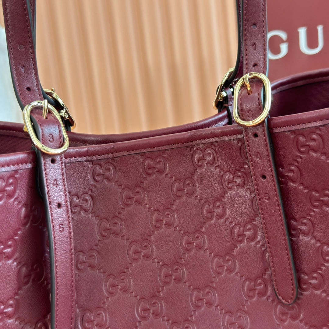 BURGUNDY EMBOSSED LEATHER LUXURY TOTE SHOULDER BAG WITH GOLD HARDWARE