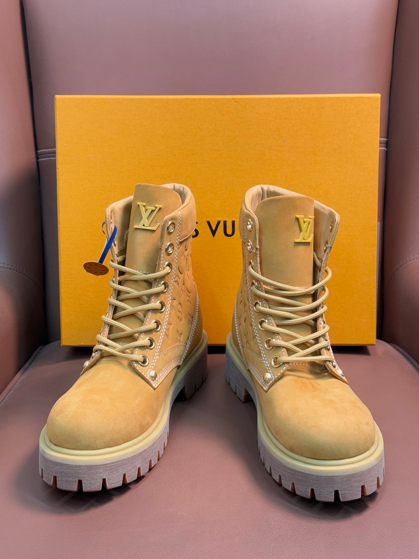 TAN MONOGRAM SUEDE COMBAT BOOTS