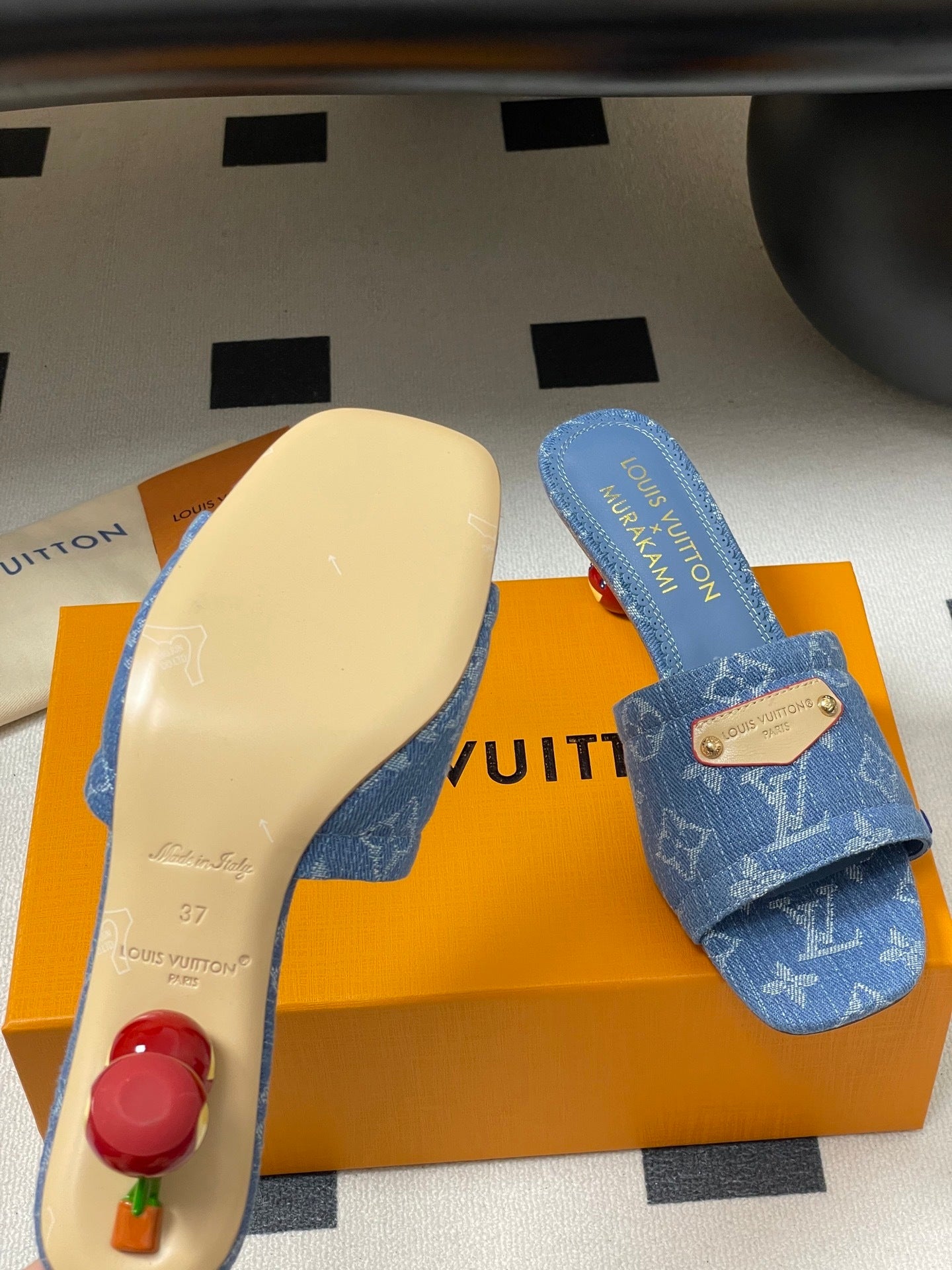 DENIM MONOGRAM MURAKAMI MULES WITH SCULPTED HEEL