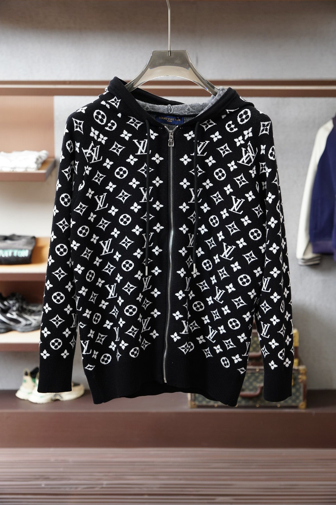 ALL-OVER PATTERN ZIP-UP KNIT HOODIE