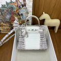 LUXURY MINI WHITE CROCODILE EMBOSSED LEATHER TOP HANDLE BAG