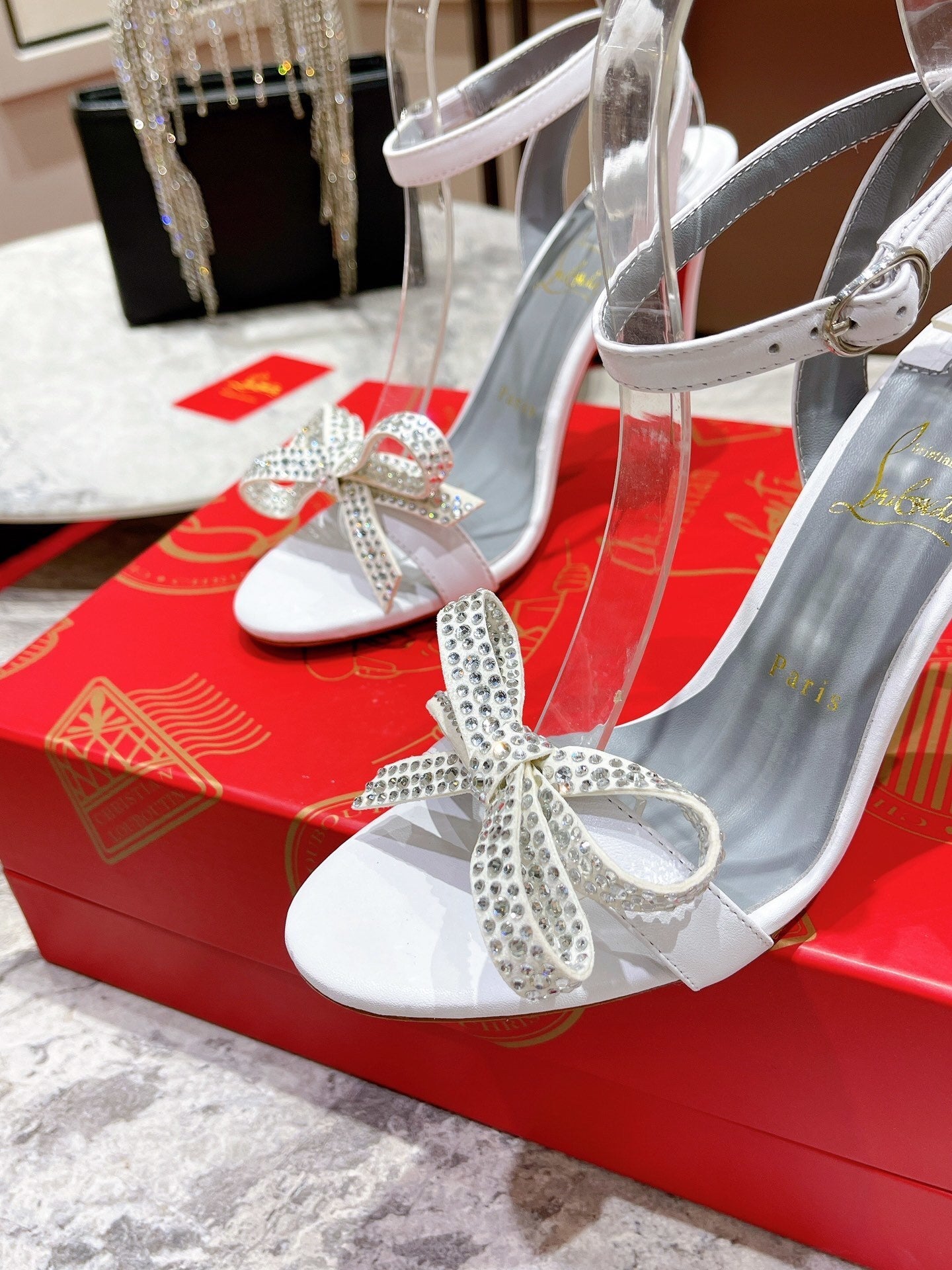 WHITE CRYSTAL BOW STRAP HEELS