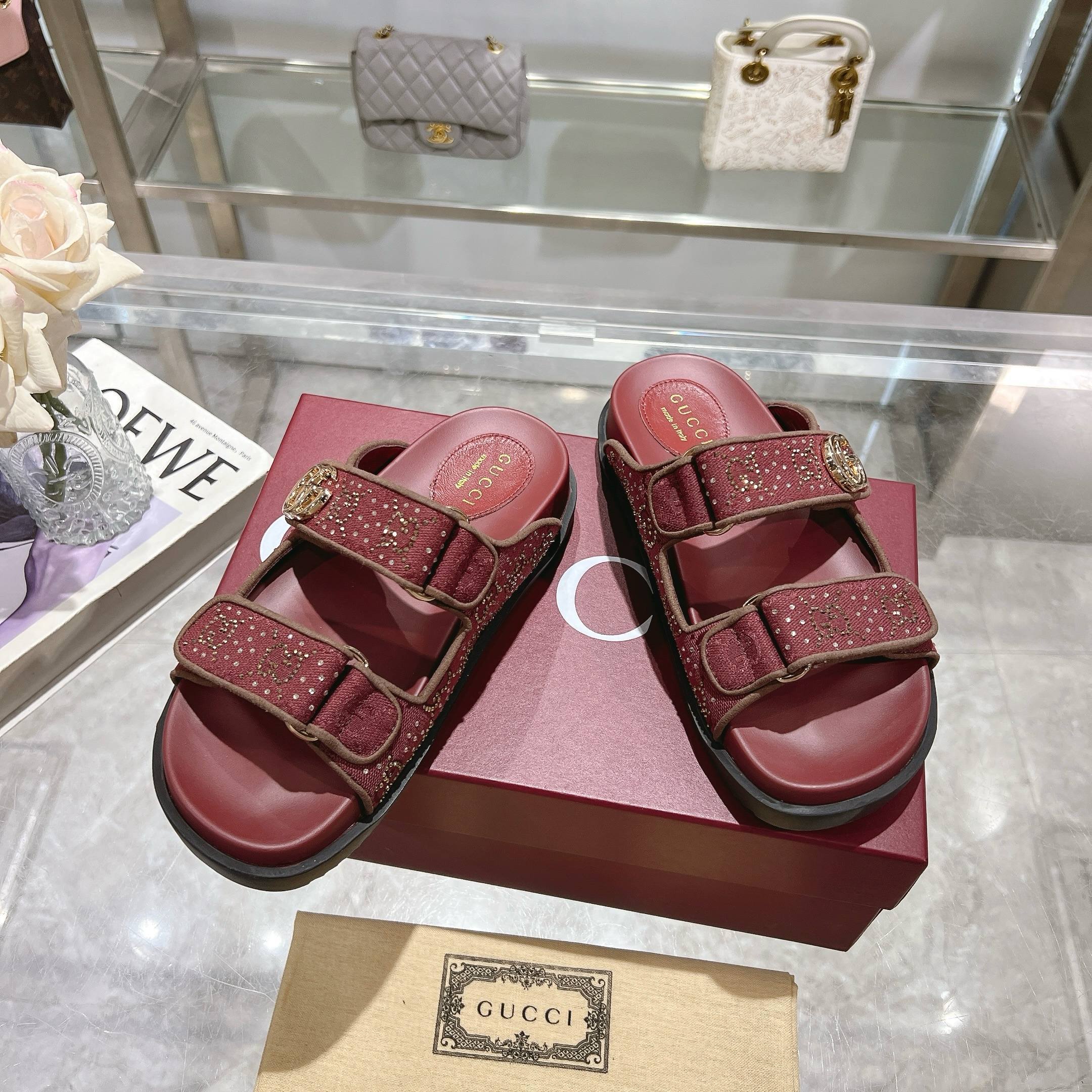 RED STUDDED DOUBLE-STRAP SLIDES