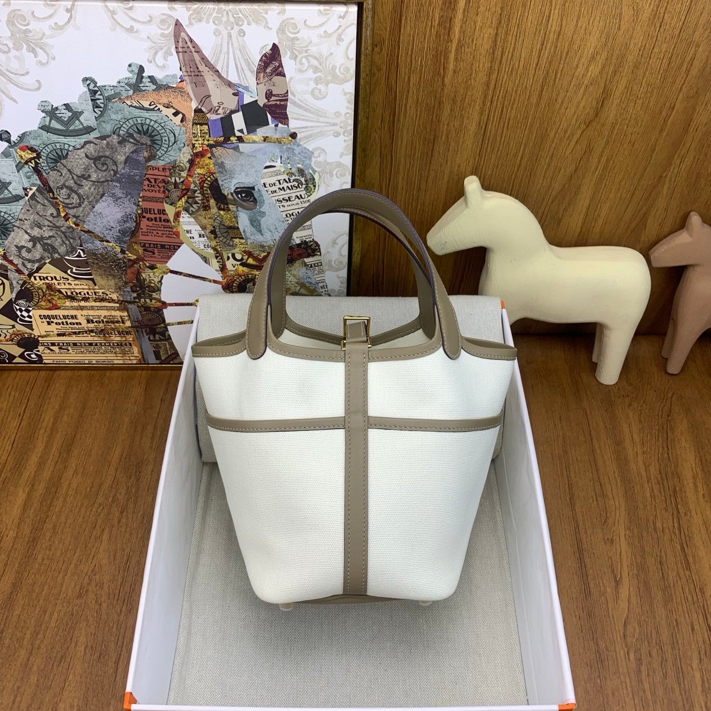 LUXURY CANVAS & TAUPE LEATHER MINI PICOTIN STYLE HANDBAG