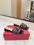 EMBROIDERED DENIM SLIDE SANDALS WITH CHERRY DETAIL – BLUE & BLACK