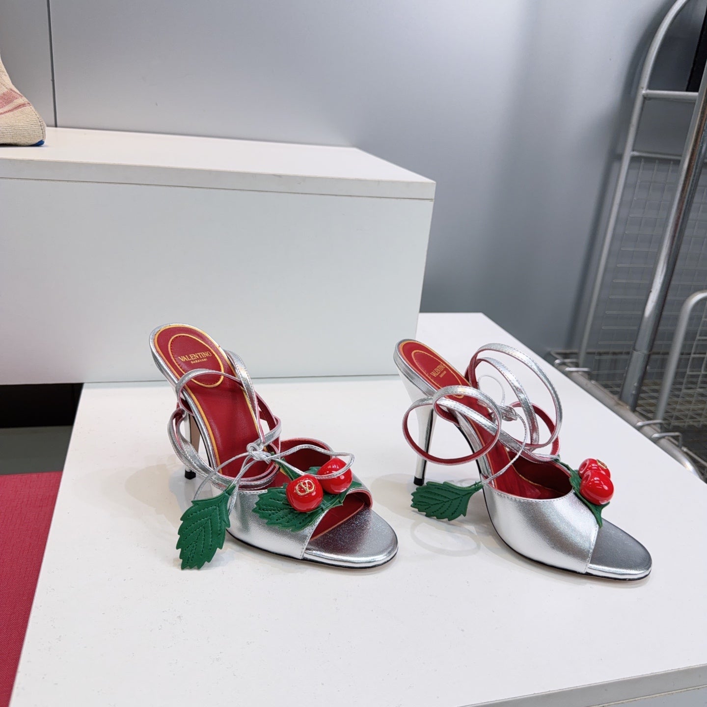 CHERRY EMBELLISHED STRAPPY HEEL SANDALS – SILVER