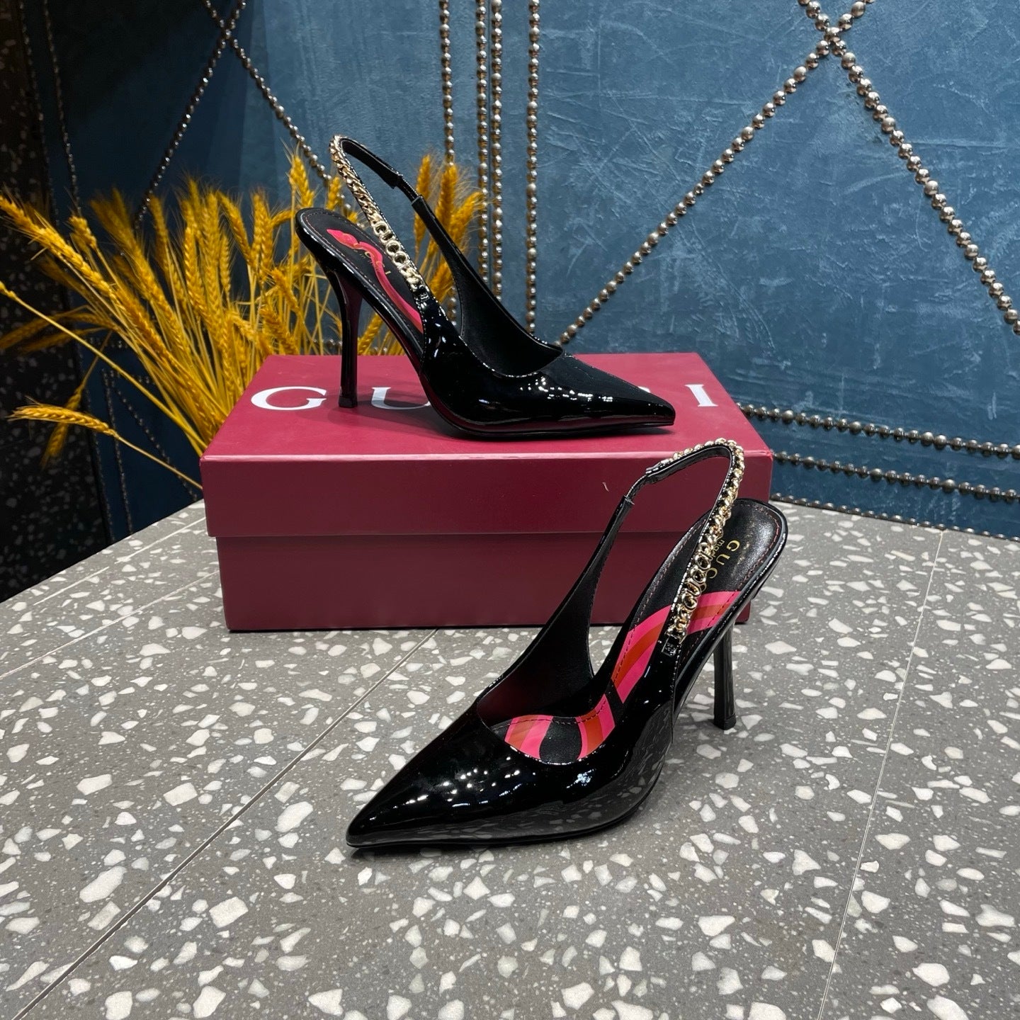 BLACK PATENT CHAIN SLINGBACK PUMPS