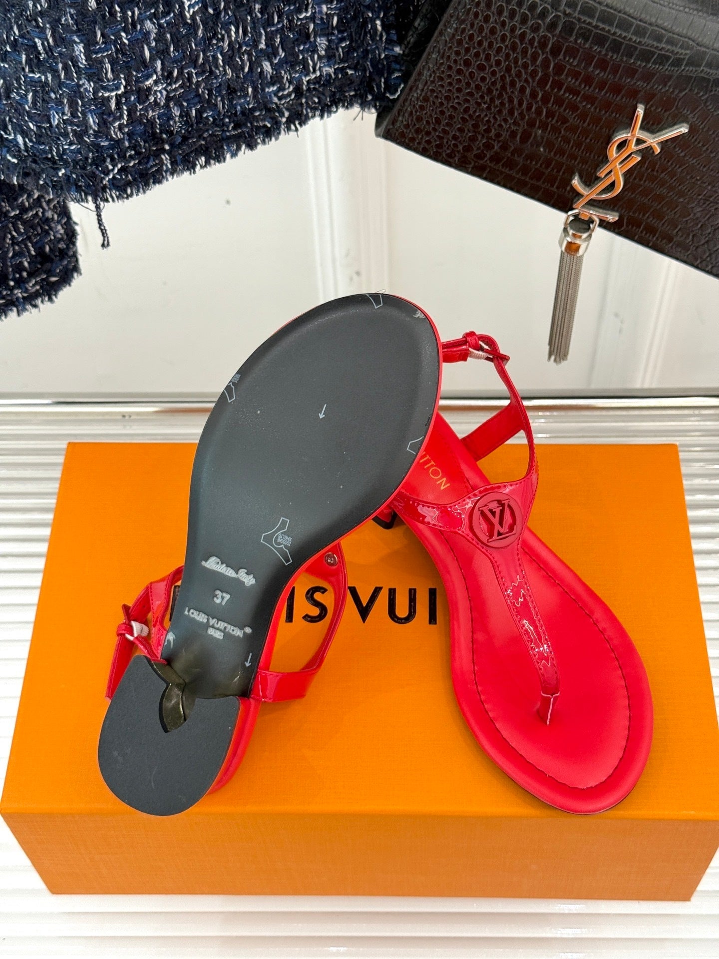 PATENT T-STRAP MEDALLION SANDALS – RED