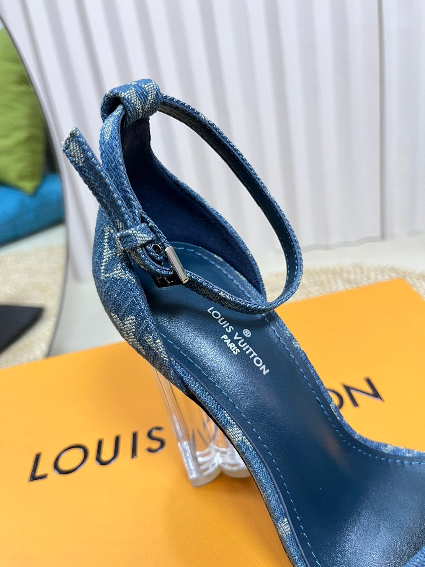 DENIM MONOGRAM CLEAR HEEL SANDALS