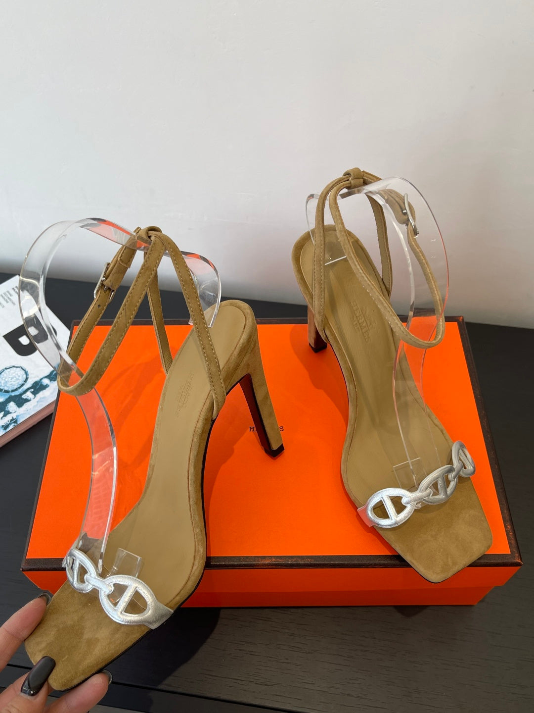 CAMEL SUEDE ANKLE STRAP HIGH HEEL SANDALS