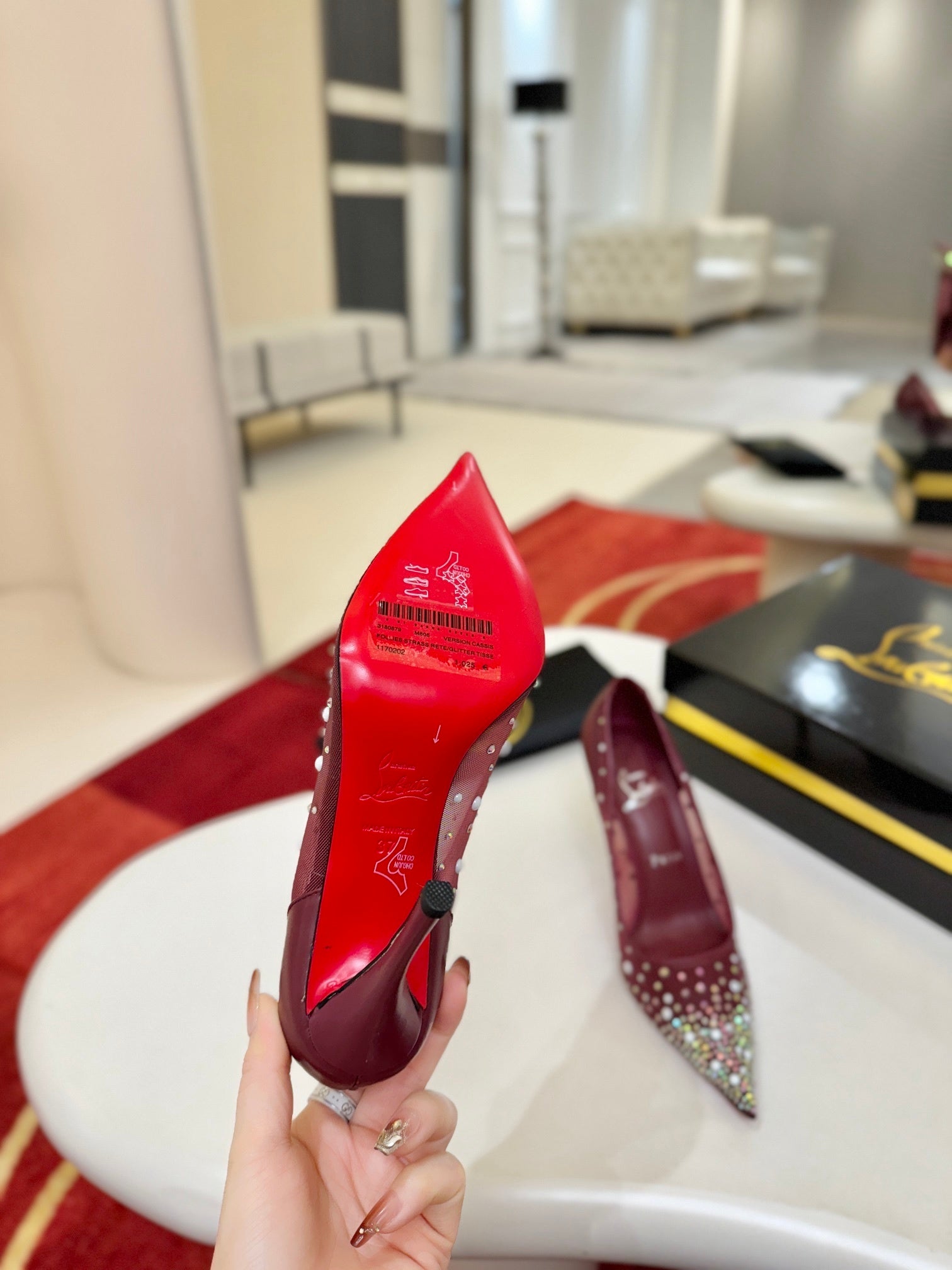 BURGUNDY RHINESTONE MESH PUMPS