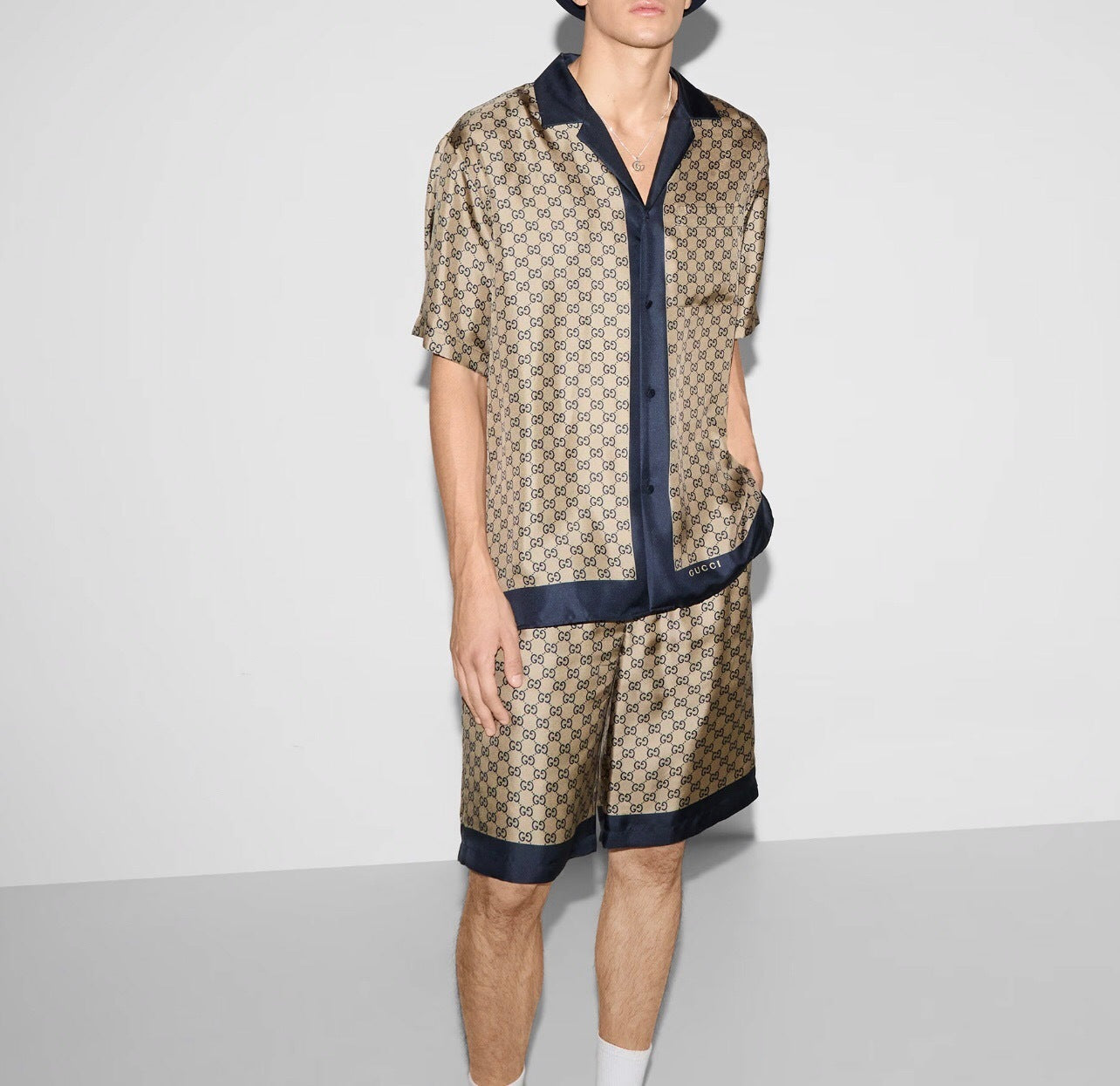 MONOGRAM PRINT SILK-STYLE SHIRT & SHORTS SET