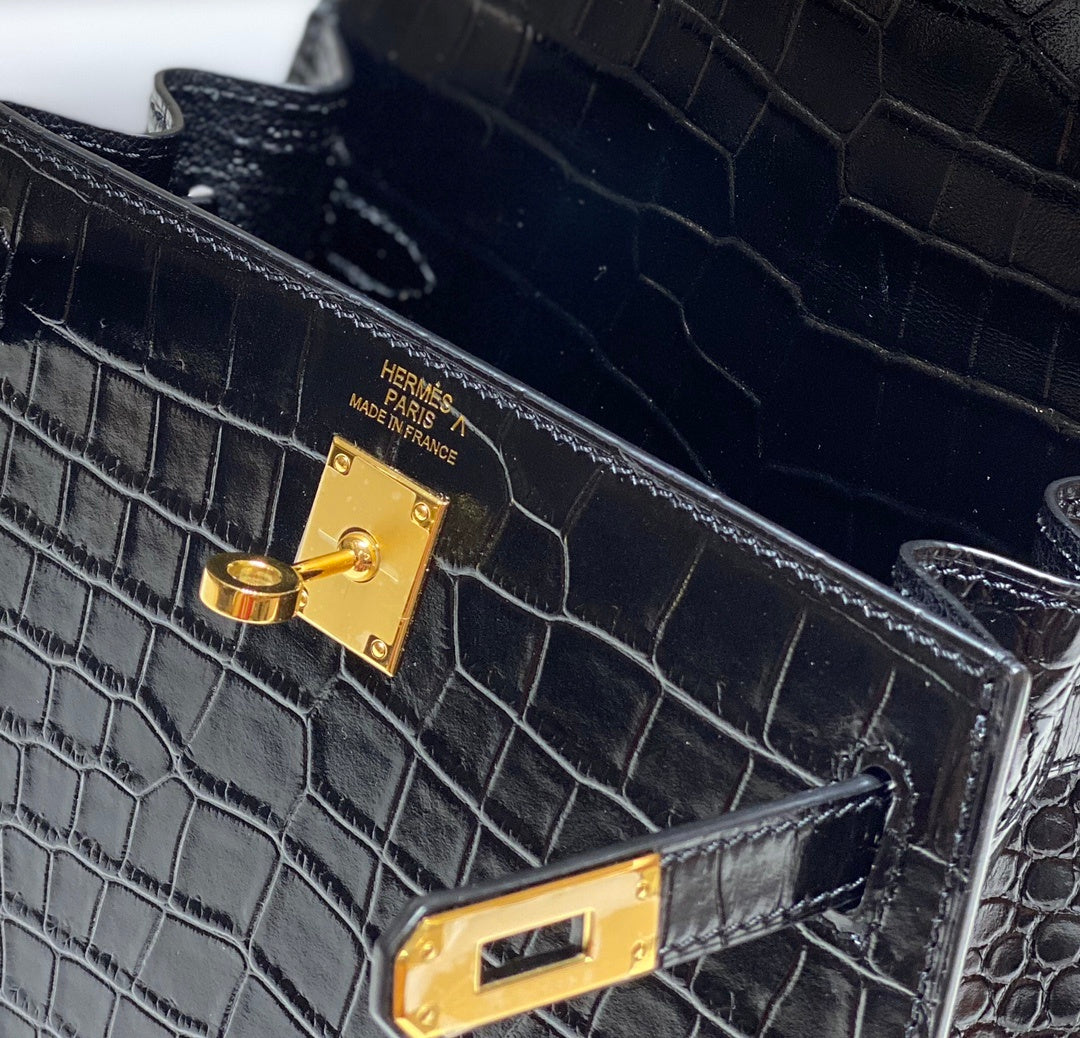 LUXURY BLACK CROCODILE EMBOSSED MINI TOP HANDLE HANDBAG WITH GOLD HARDWARE