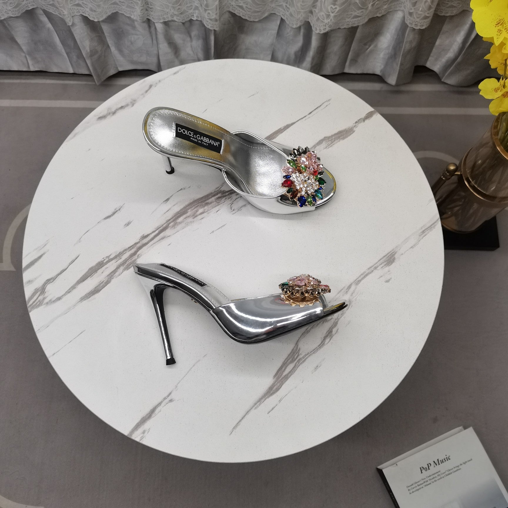 SILVER METALLIC MULE HEEL SANDALS WITH MULTICOLOR CRYSTAL EMBELLISHMENT
