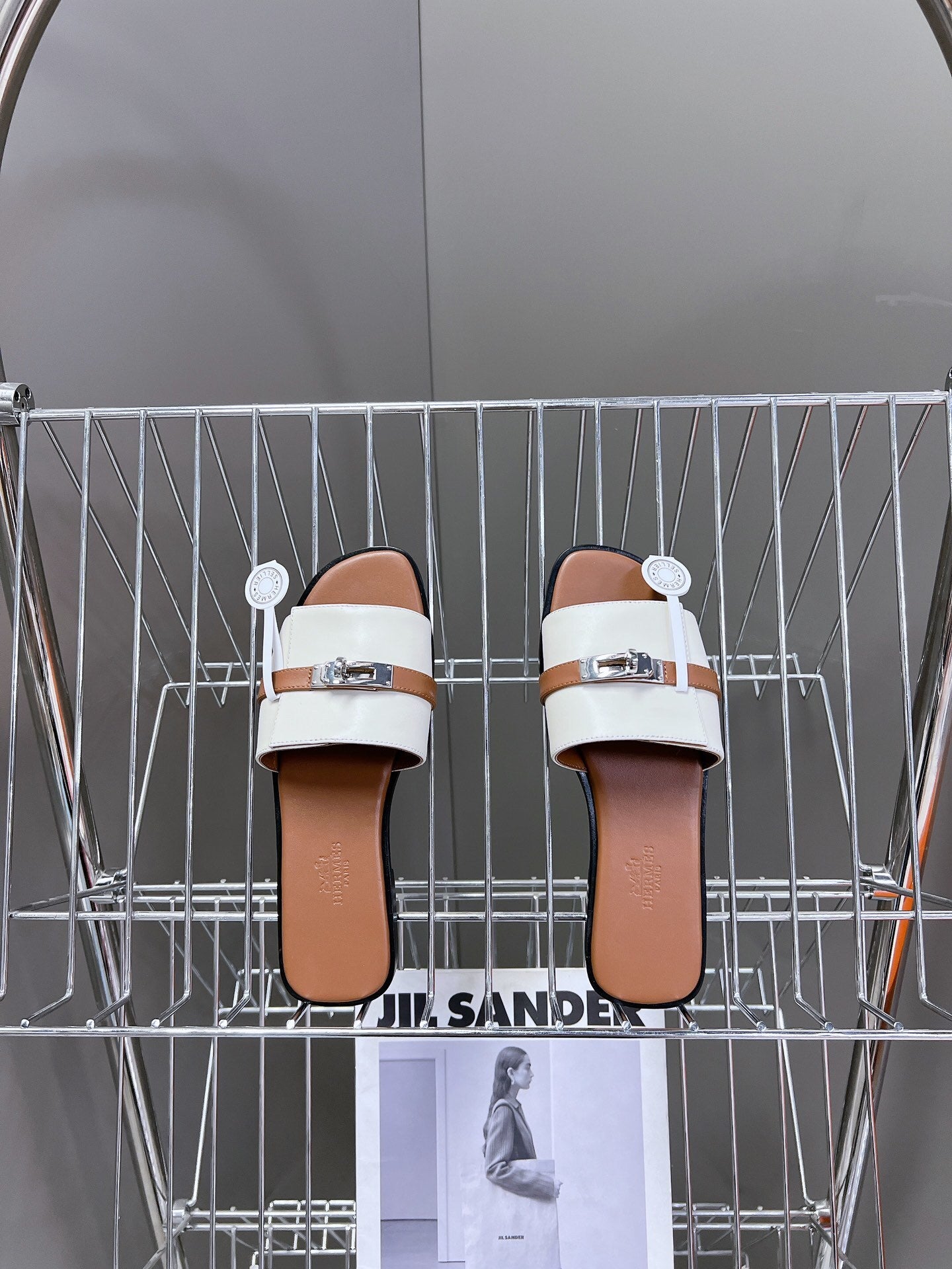 WHITE BROWN SLIDE SANDALS