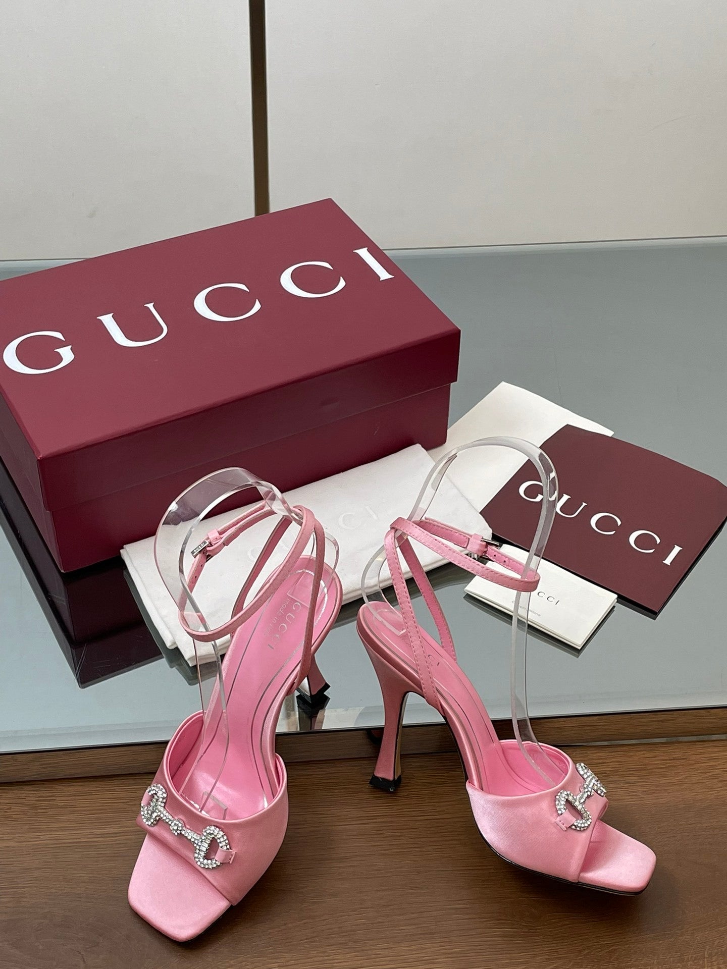 PINK CRYSTAL HORSEBIT STRAPPY HEEL SANDALS