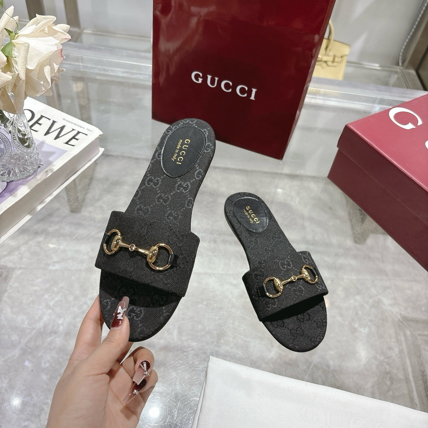 BLACK MONOGRAM METAL DETAIL SLIDE SANDALS
