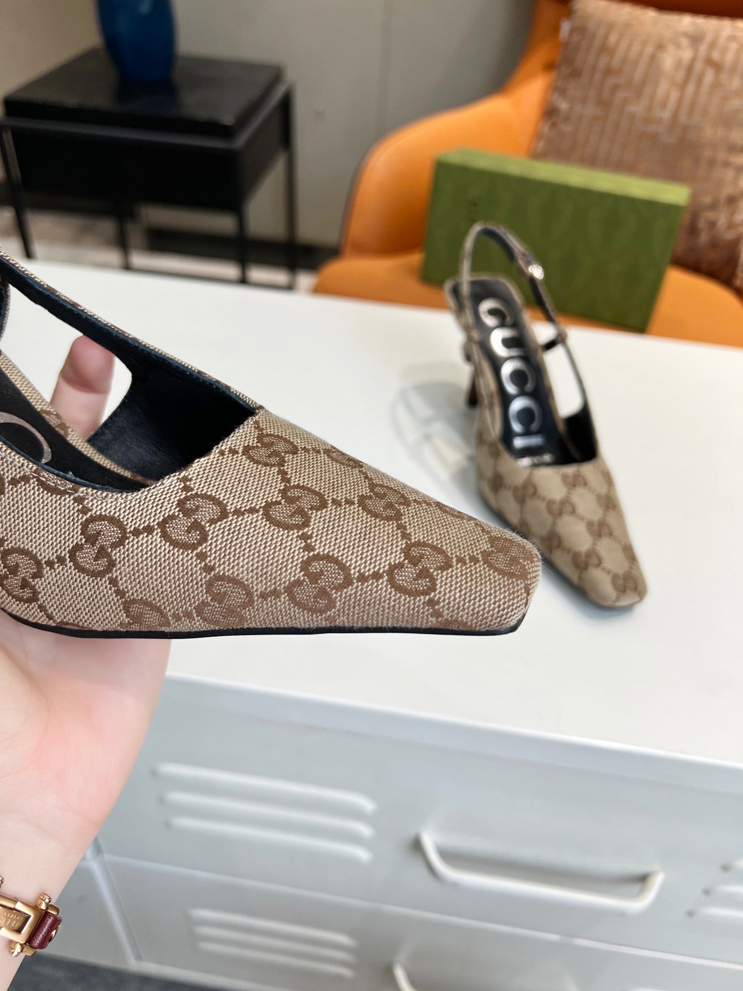 MONOGRAM T-STRAP SLINGBACK HEELS WITH SCULPTED HEEL