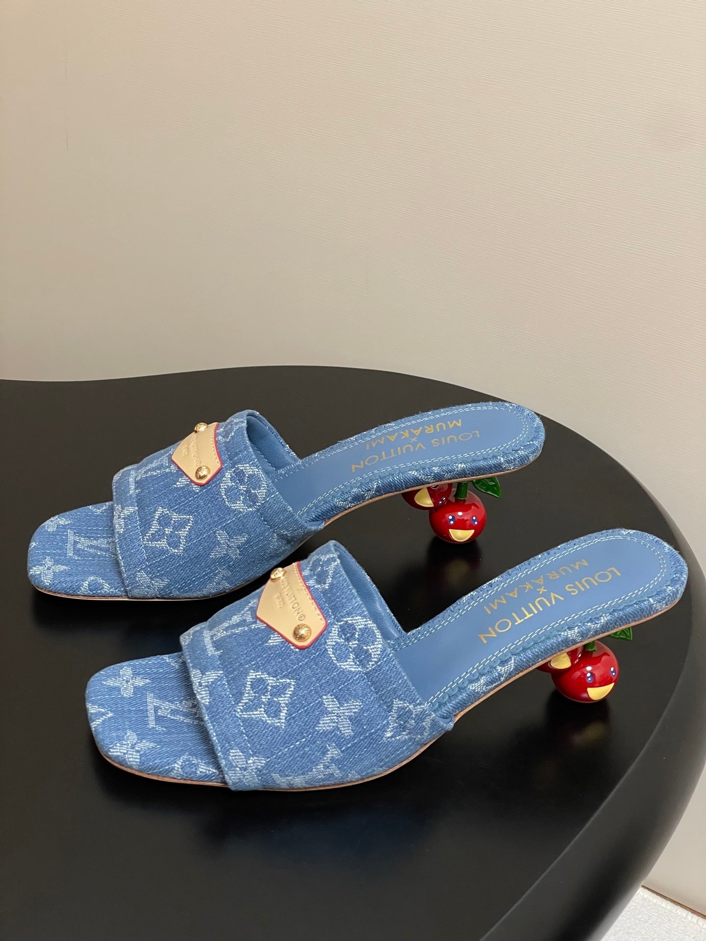 DENIM MONOGRAM MURAKAMI MULES WITH SCULPTED HEEL